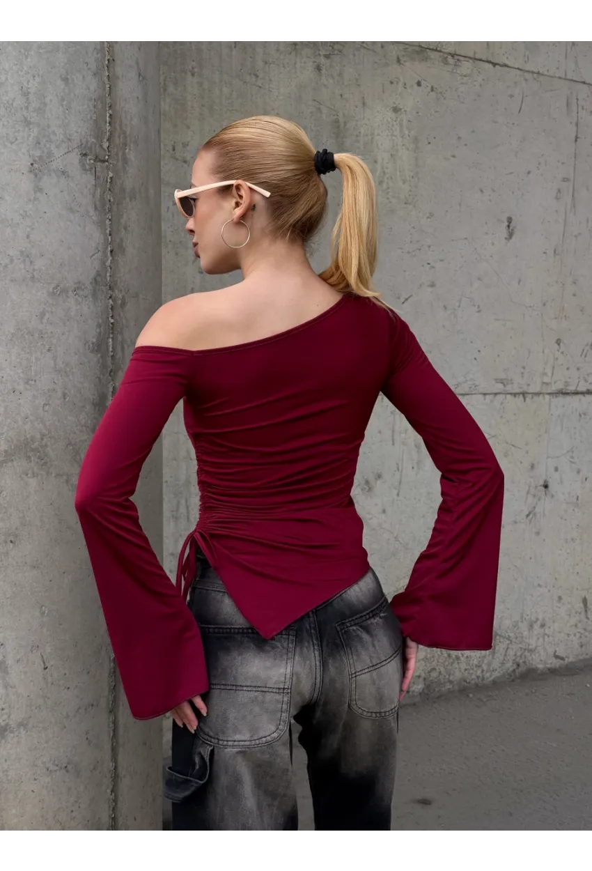 Kadın Bel Detay Kayık Yaka Uzun Kol Bordo Bluz