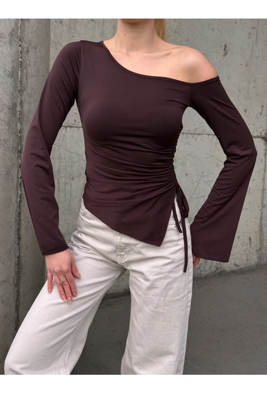 Kadın Bel Detay Kayık Yaka Uzun Kol Kahve Bluz