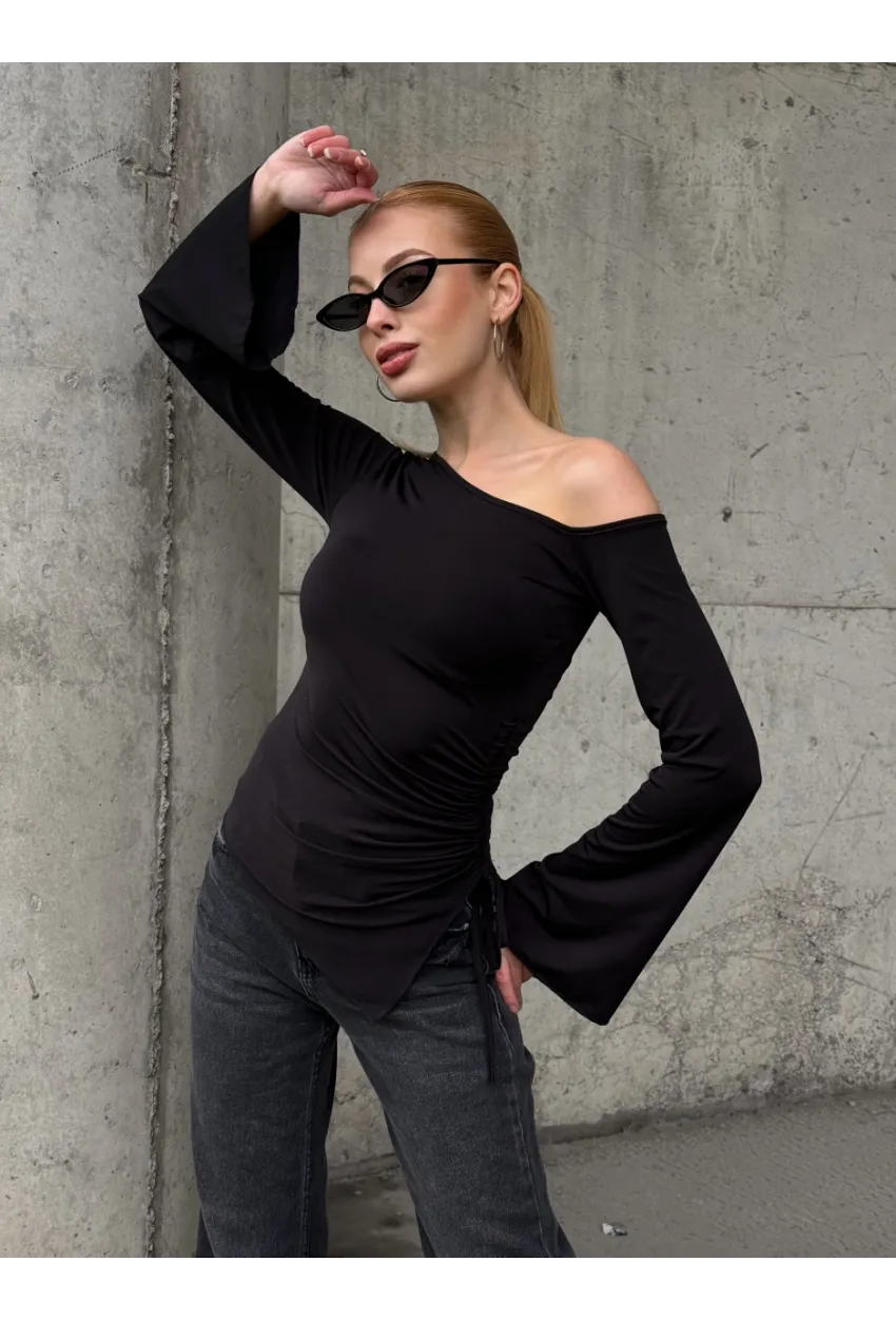 Kadın Bel Detay Kayık Yaka Uzun Kol Siyah Bluz