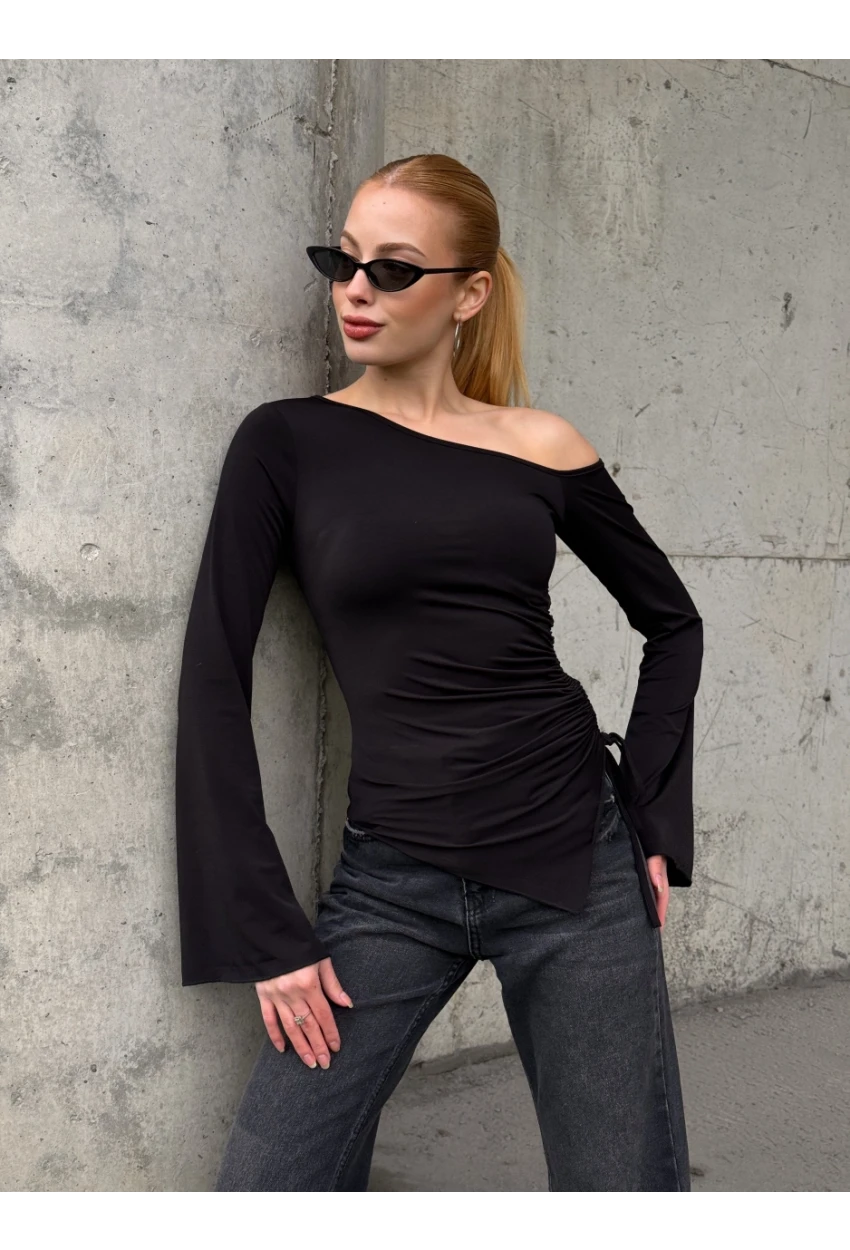 Kadın Bel Detay Kayık Yaka Uzun Kol Siyah Bluz