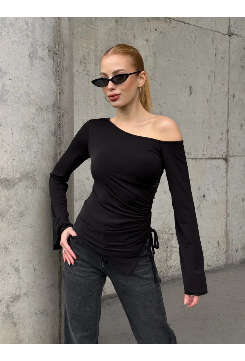 Kadın Bel Detay Kayık Yaka Uzun Kol Siyah Bluz