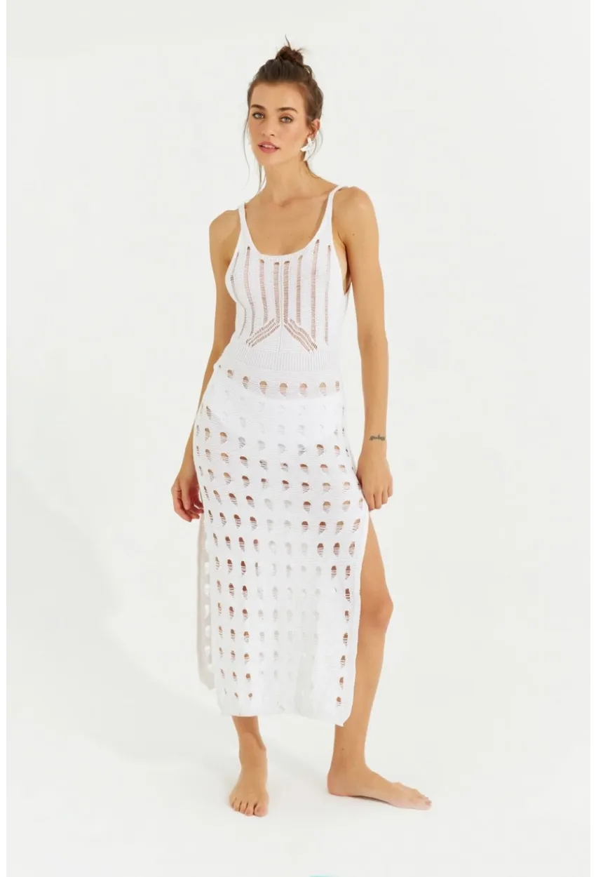 Kadın Beyaz Ajurlu Triko Maxi Elbise SF2504
