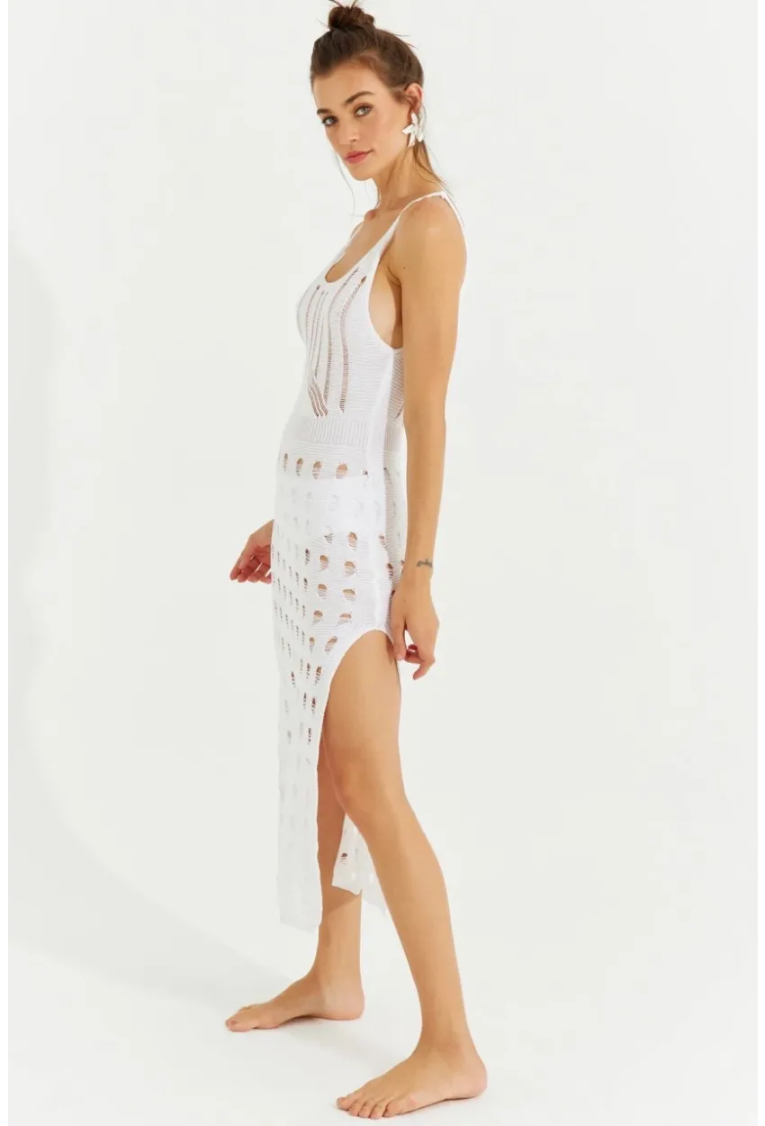 Kadın Beyaz Ajurlu Triko Maxi Elbise SF2504