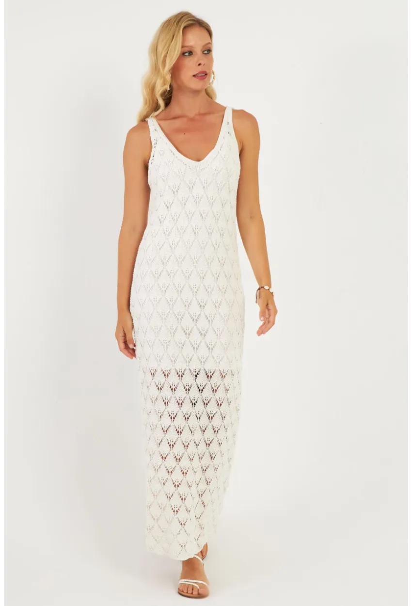Kadın Beyaz Astarlı Triko Maxi Elbise KZ3211