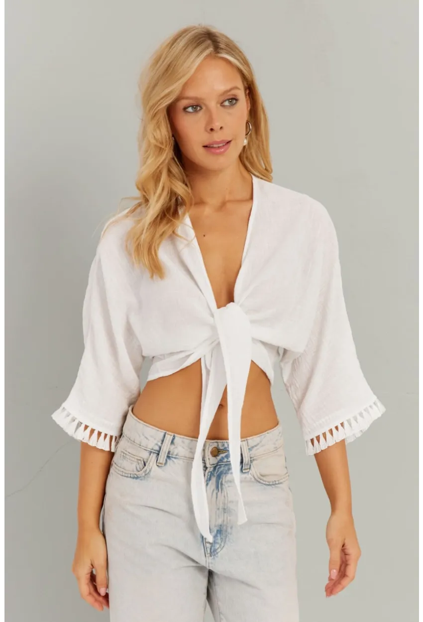 Kadın Beyaz Bağlamalı Bluz KS034