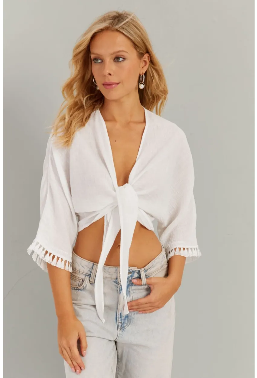 Kadın Beyaz Bağlamalı Bluz KS034
