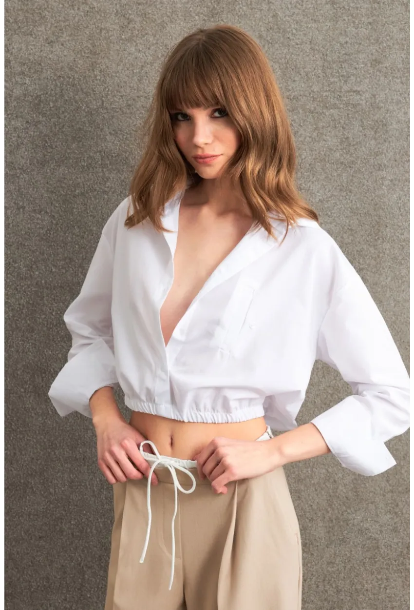 Kadın Beyaz Beli Lastikli Gömlek ELT3835