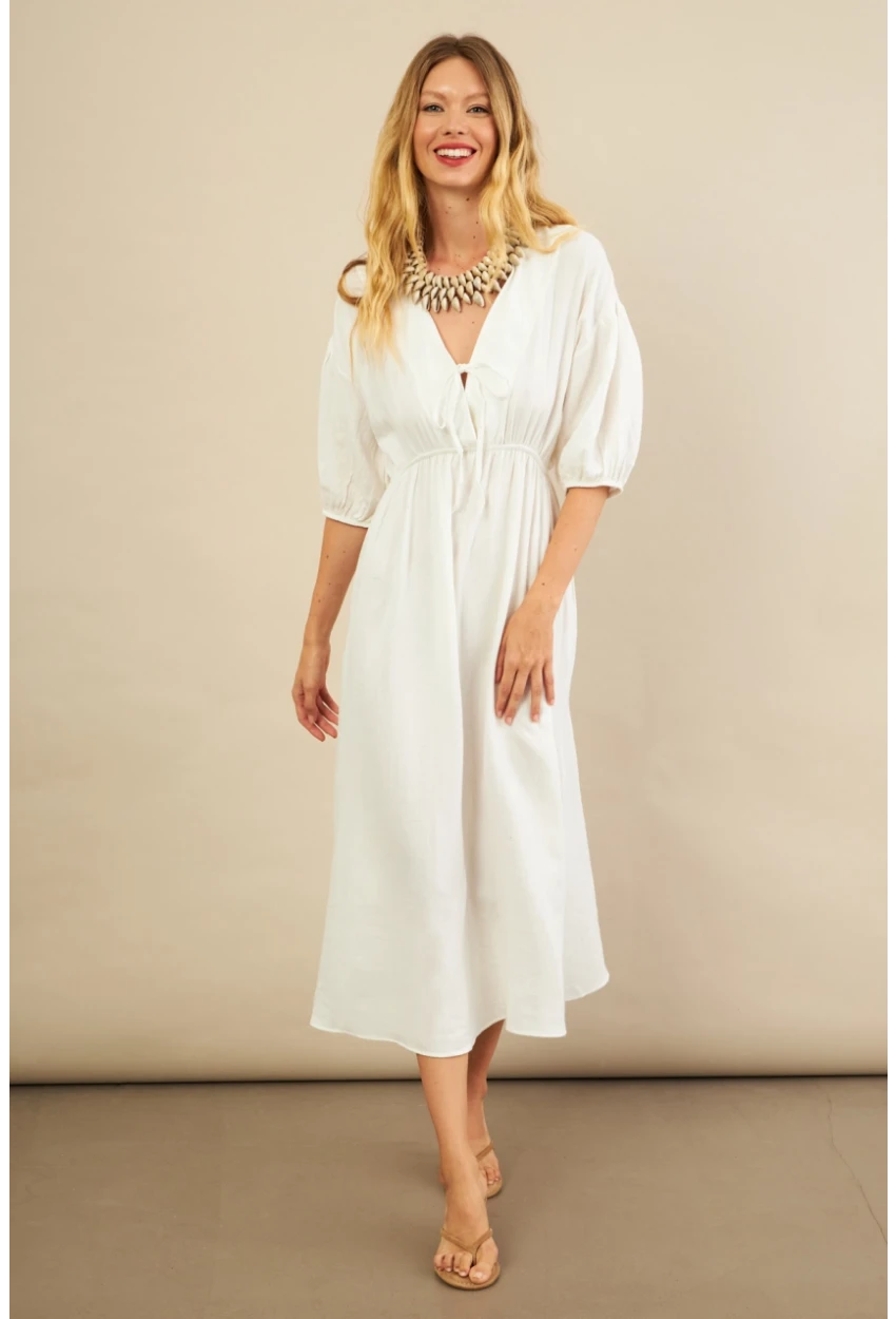 Kadın Beyaz Beli Lastikli Midi Müslin Elbise FRO1001