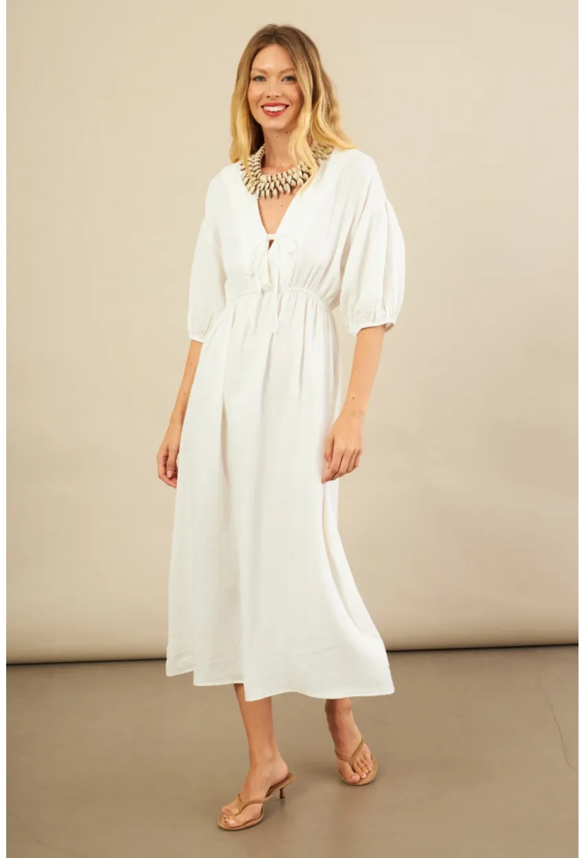 Kadın Beyaz Beli Lastikli Midi Müslin Elbise FRO1001