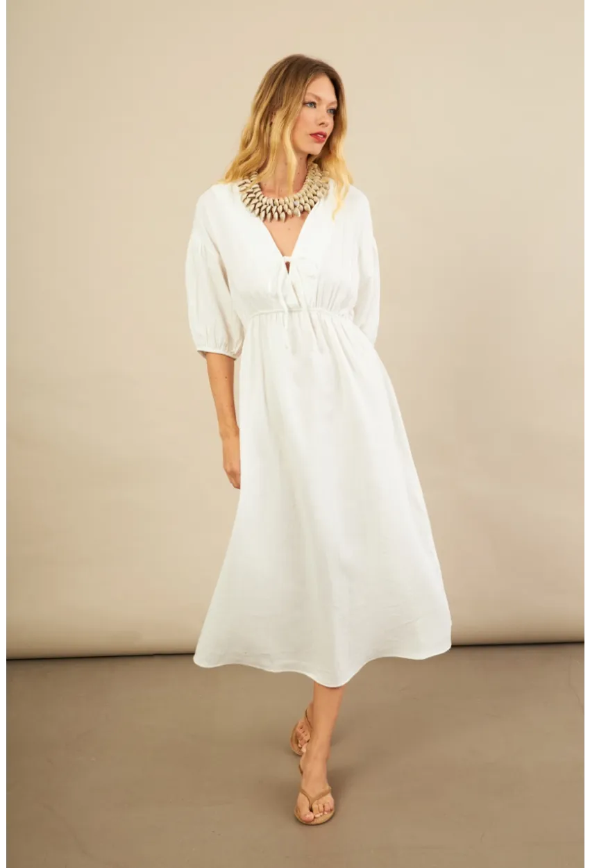 Kadın Beyaz Beli Lastikli Midi Müslin Elbise FRO1001