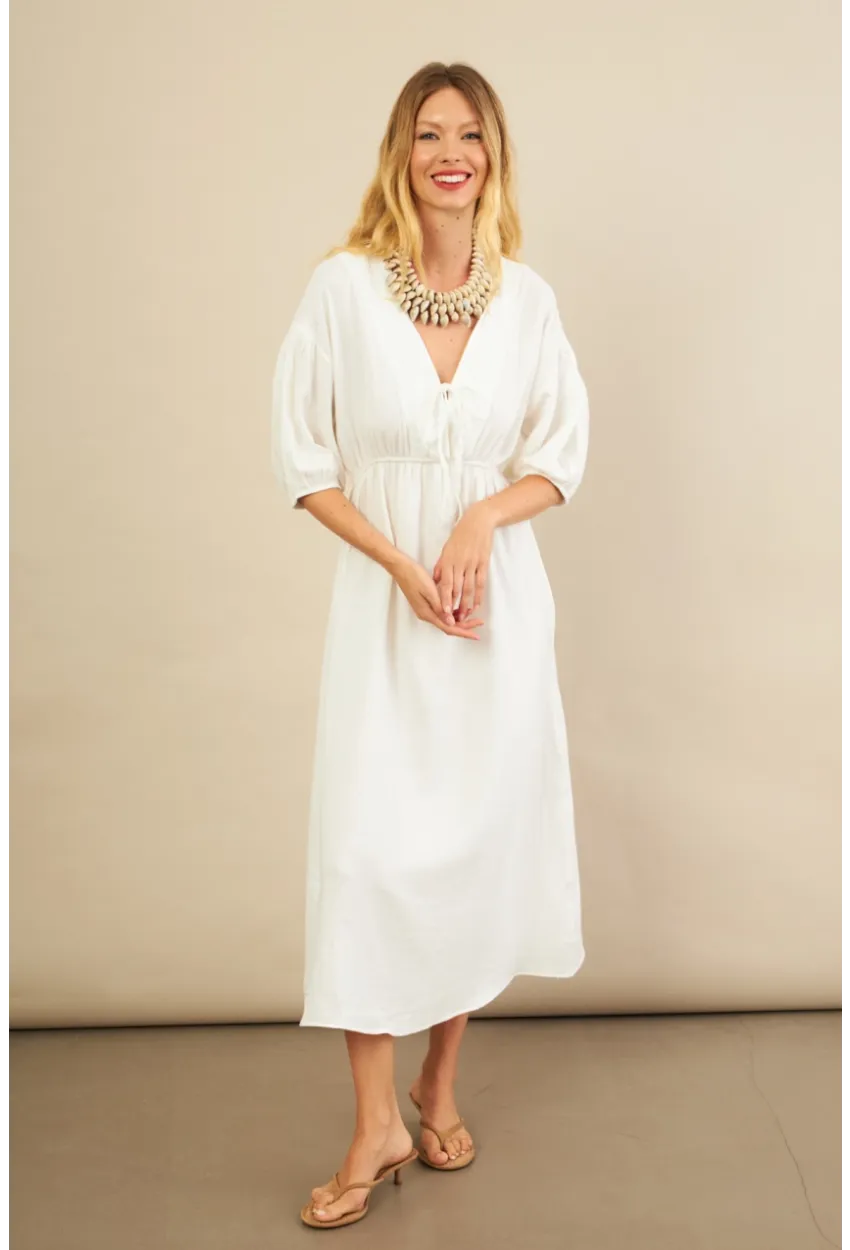 Kadın Beyaz Beli Lastikli Midi Müslin Elbise FRO1001