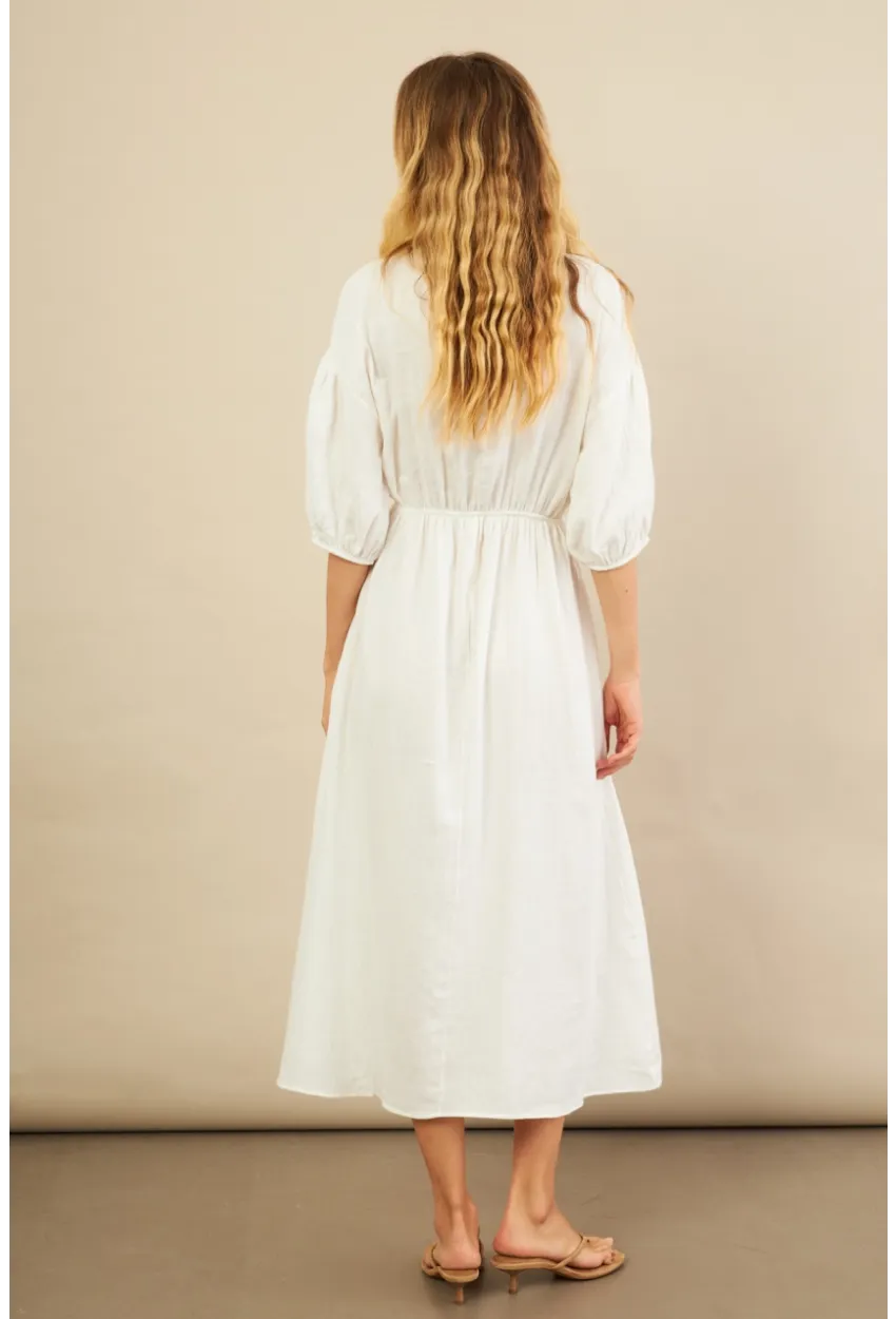Kadın Beyaz Beli Lastikli Midi Müslin Elbise FRO1001