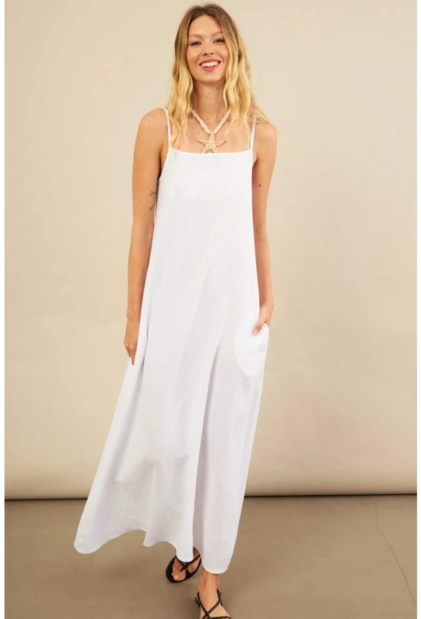 Kadın Beyaz Cepli İp Askılı Midi Müslin Elbise BTY100