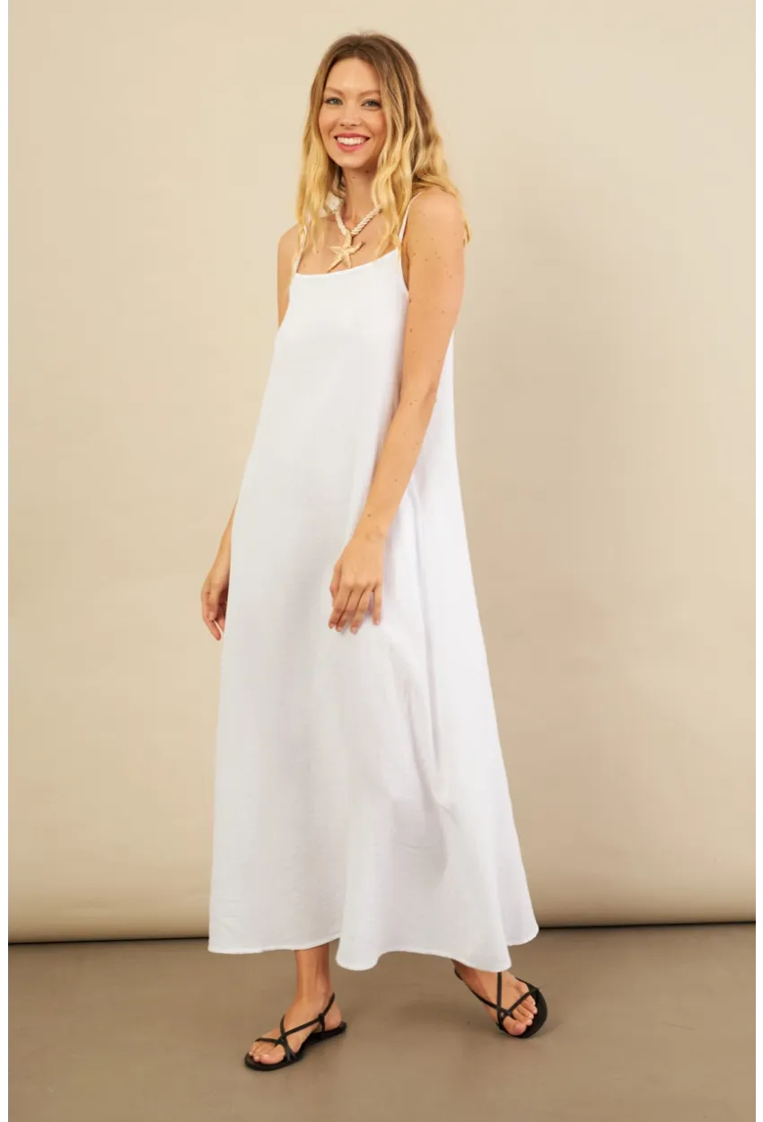 Kadın Beyaz Cepli İp Askılı Midi Müslin Elbise BTY100