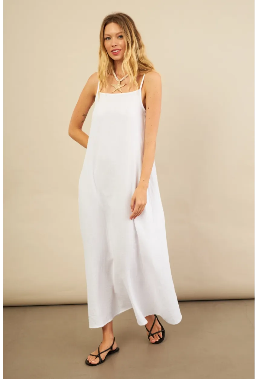Kadın Beyaz Cepli İp Askılı Midi Müslin Elbise BTY100