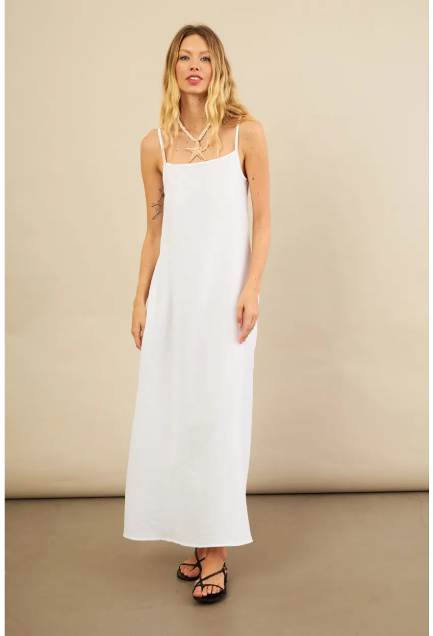 Kadın Beyaz Cepli İp Askılı Midi Müslin Elbise BTY100