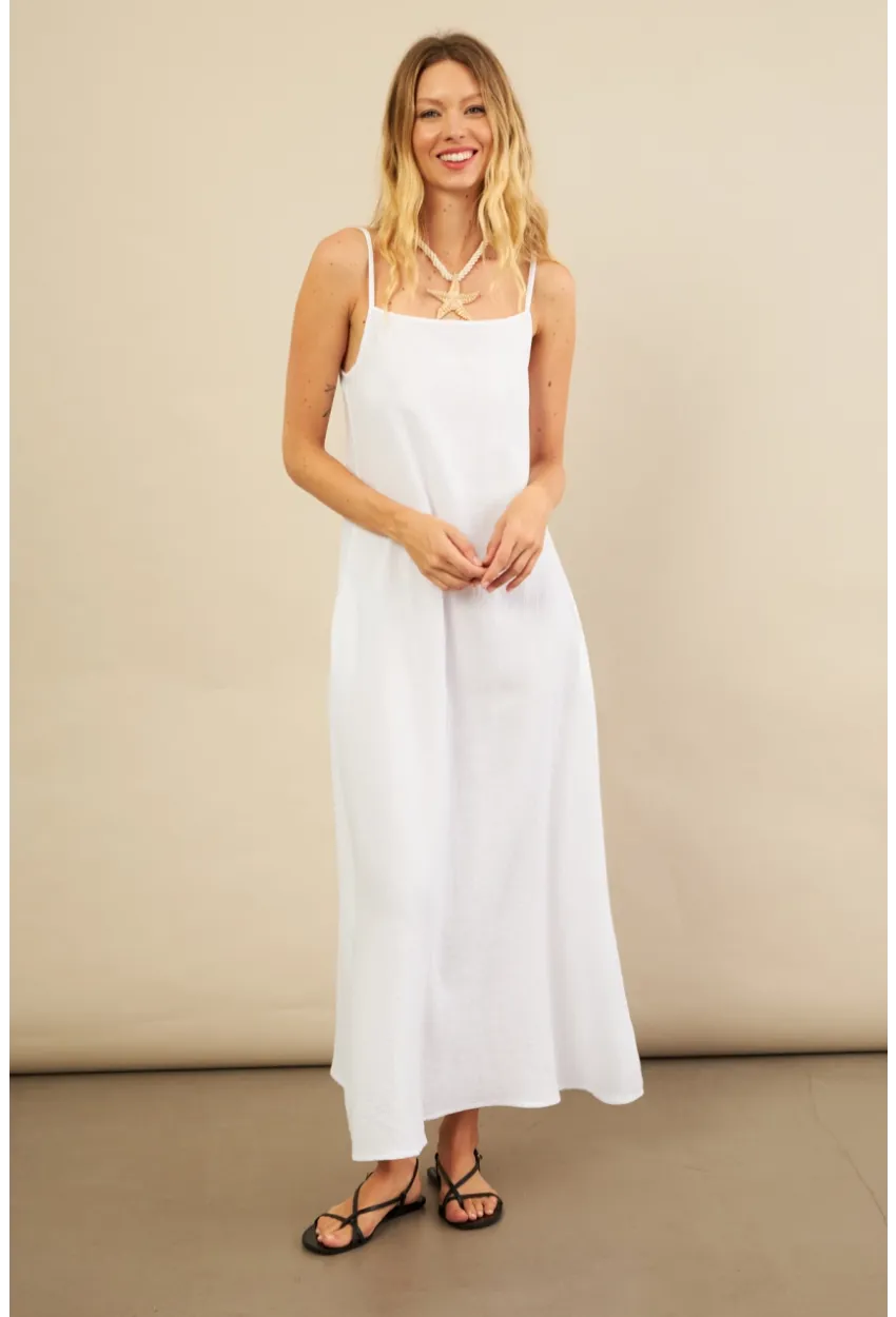 Kadın Beyaz Cepli İp Askılı Midi Müslin Elbise BTY100