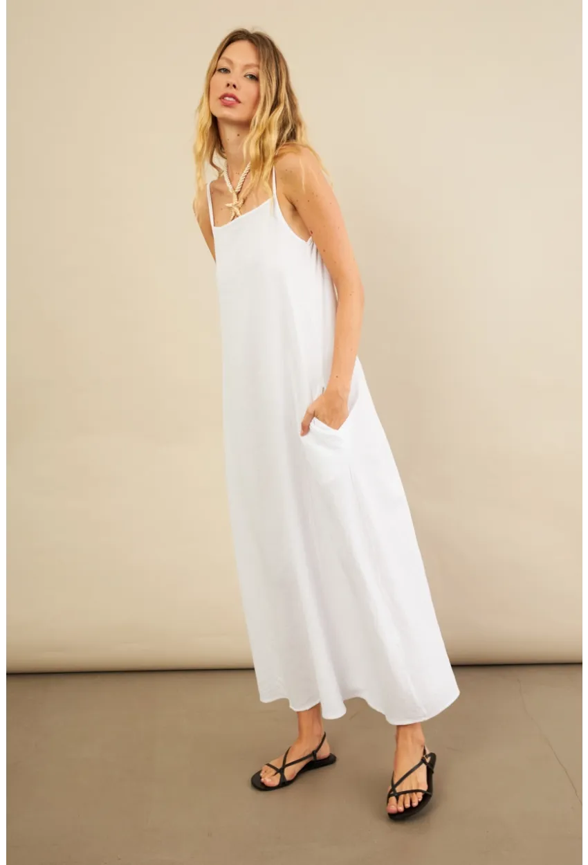 Kadın Beyaz Cepli İp Askılı Midi Müslin Elbise BTY100
