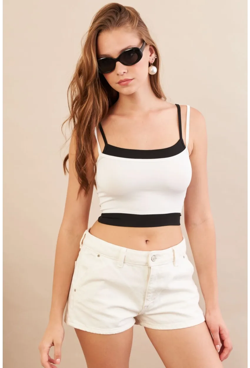 Kadın Beyaz Color Block Askılı Crop Bluz AN8082