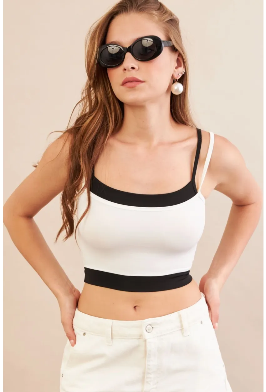 Kadın Beyaz Color Block Askılı Crop Bluz AN8082