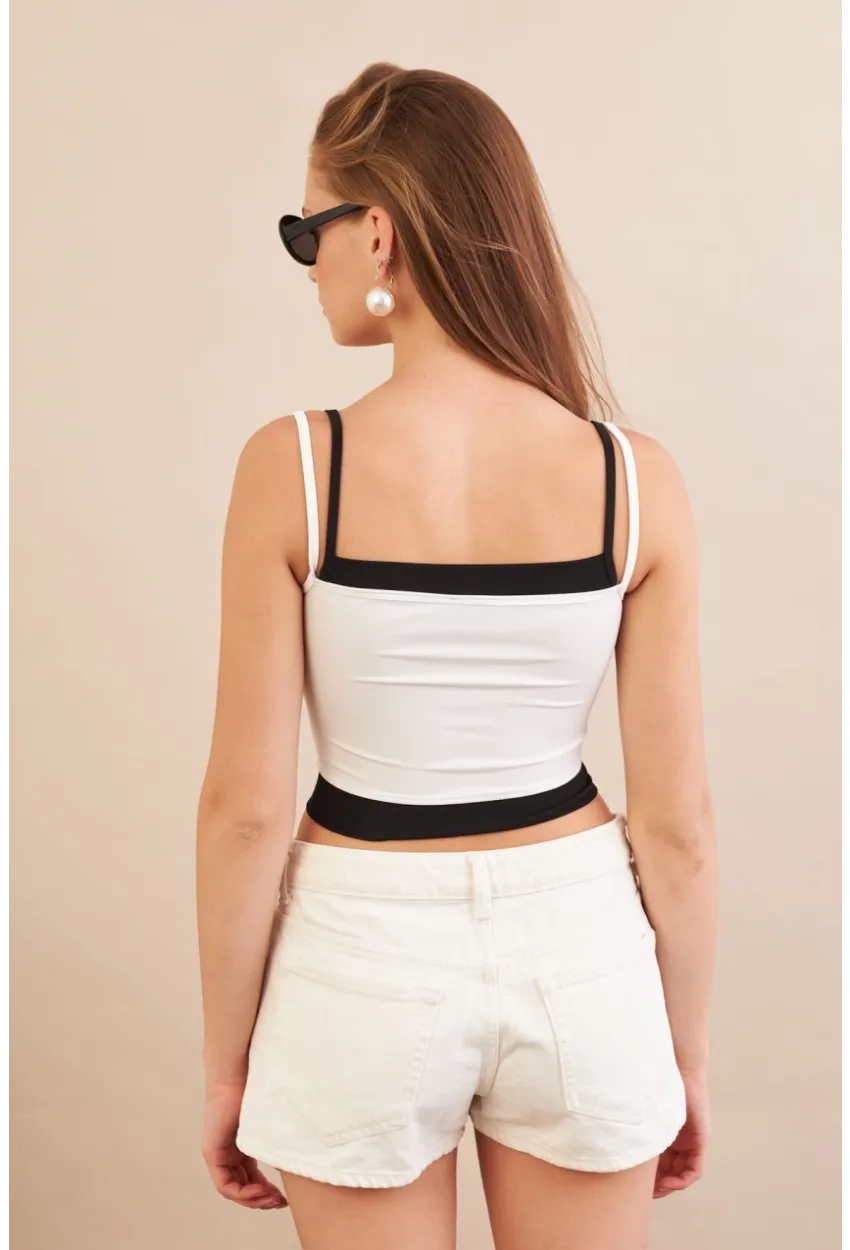 Kadın Beyaz Color Block Askılı Crop Bluz AN8082