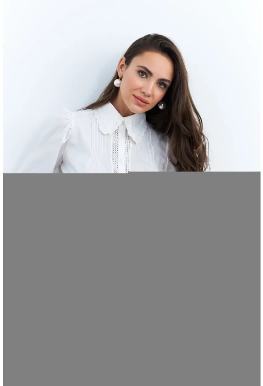 Kadın Beyaz Dantelli Balon Kol Gömlek MQS2492