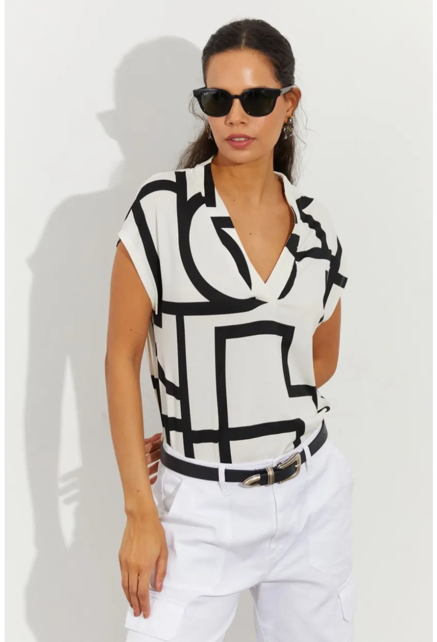 Kadın Beyaz Desenli V Yaka Bluz LPP1217