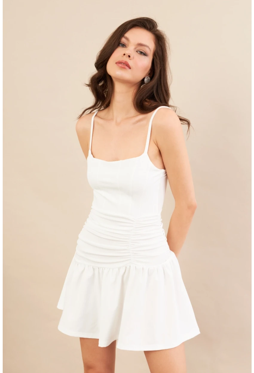 Kadın Beyaz Drapeli Mini Elbise DCF080
