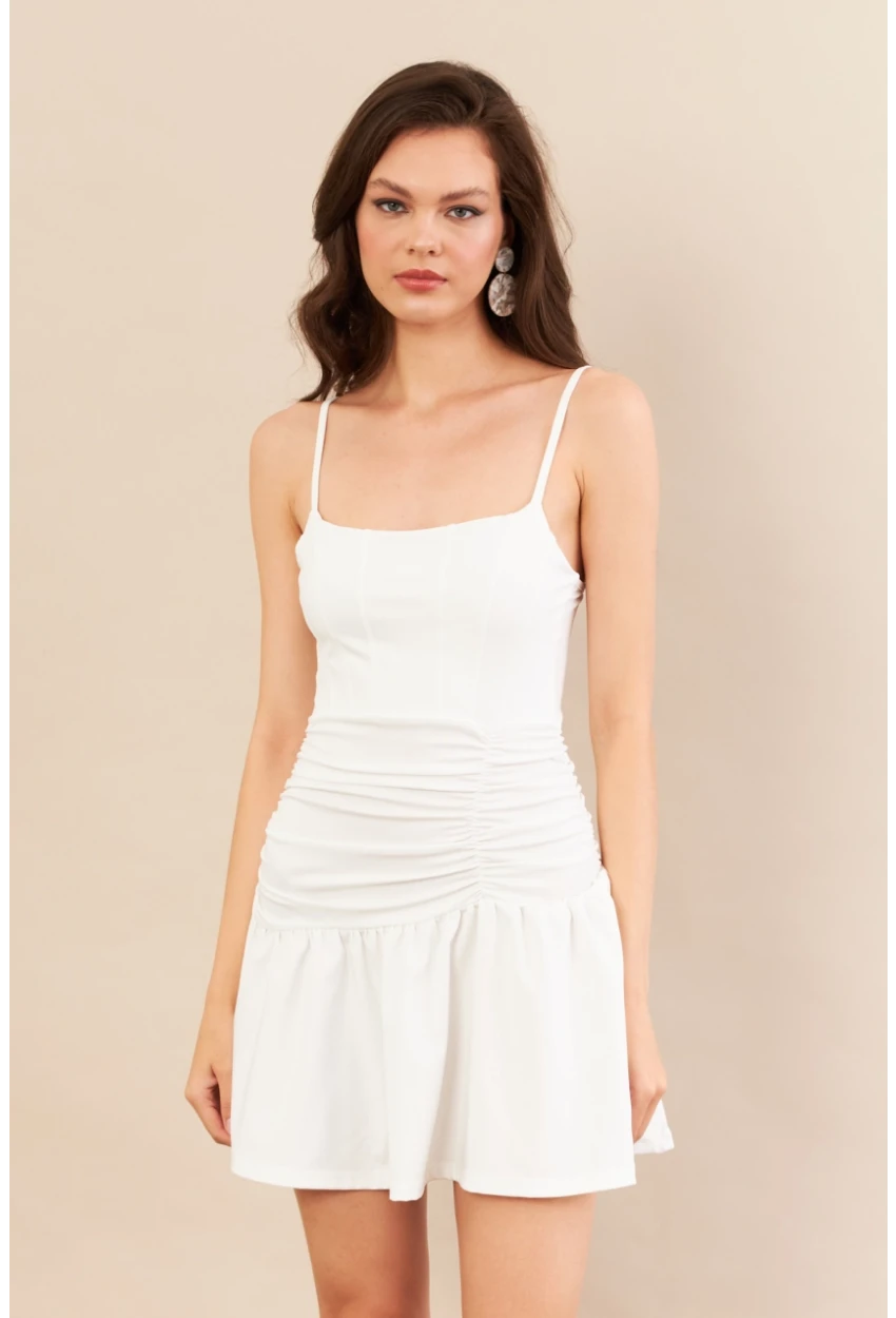 Kadın Beyaz Drapeli Mini Elbise DCF080