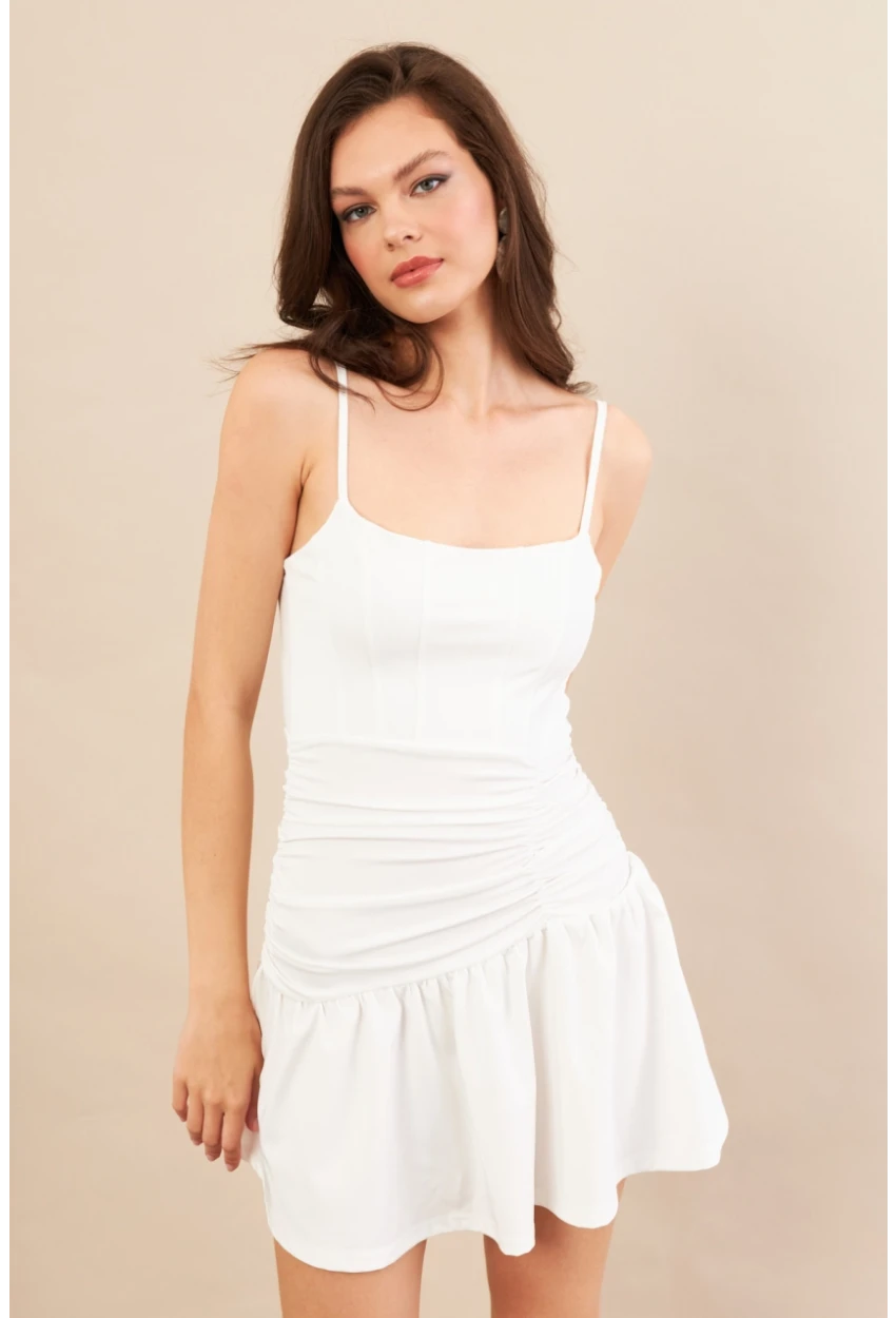Kadın Beyaz Drapeli Mini Elbise DCF080