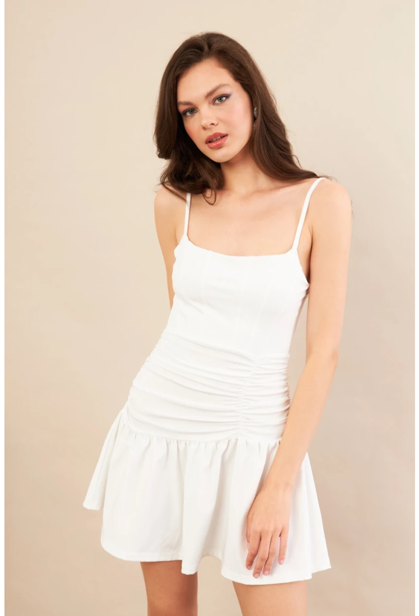 Kadın Beyaz Drapeli Mini Elbise DCF080