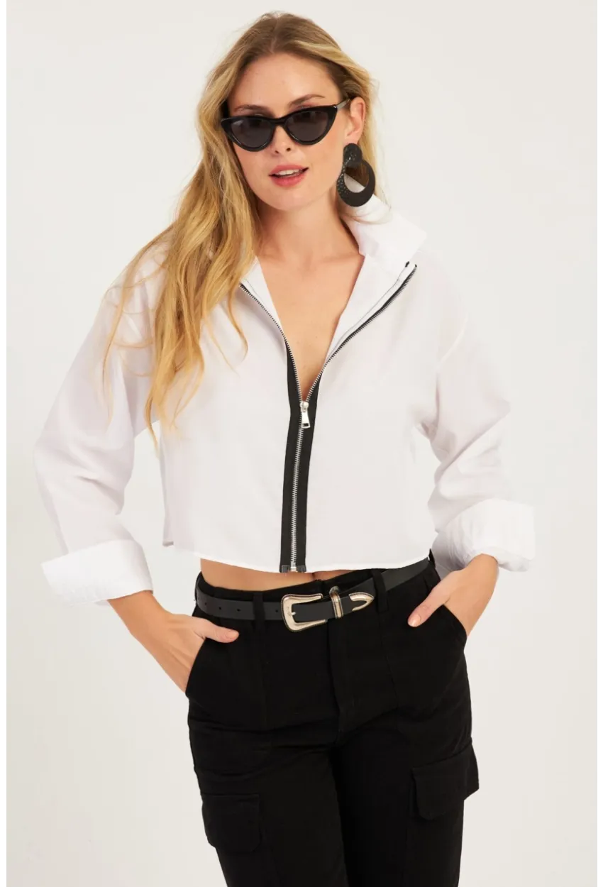 Kadın Beyaz Fermuarlı Kısa Gömlek SF2541