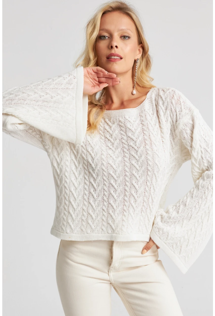 Kadın Beyaz İspanyol Kol Ajurlu İnce Triko Kazak YV214-90