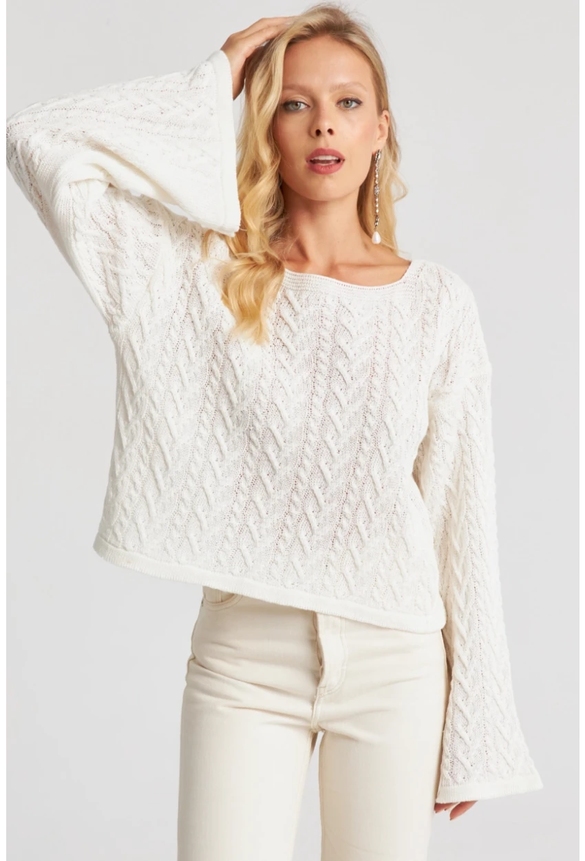 Kadın Beyaz İspanyol Kol Ajurlu İnce Triko Kazak YV214-90