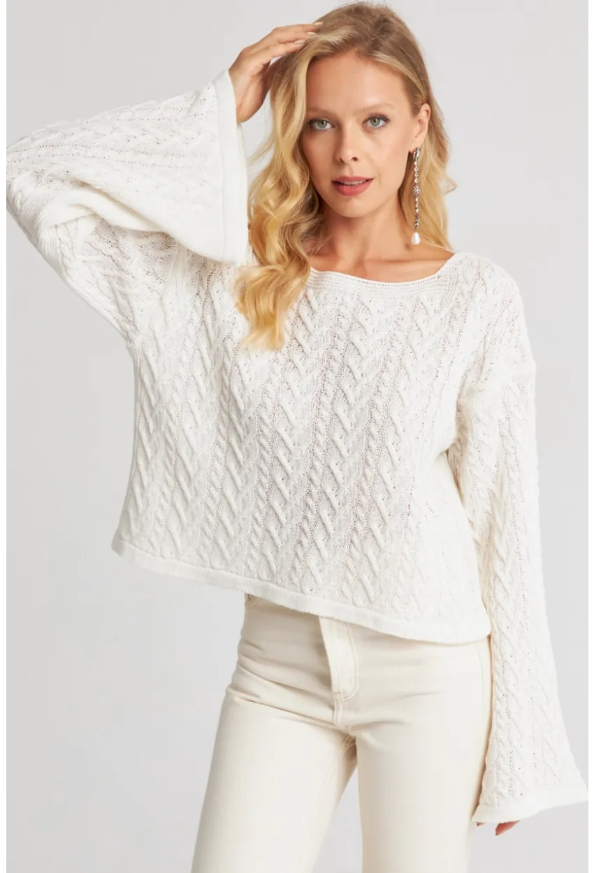 Kadın Beyaz İspanyol Kol Ajurlu İnce Triko Kazak YV214-90