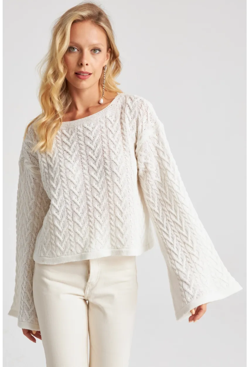 Kadın Beyaz İspanyol Kol Ajurlu İnce Triko Kazak YV214-90