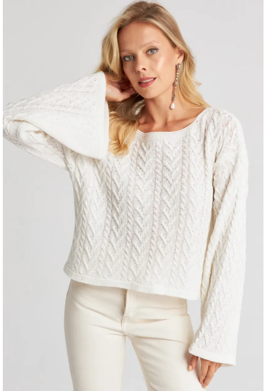 Kadın Beyaz İspanyol Kol Ajurlu İnce Triko Kazak YV214-90