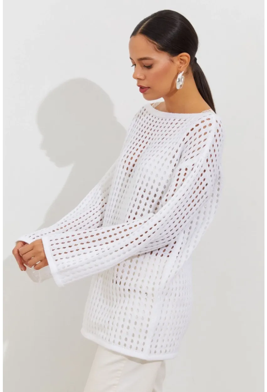 Kadın Beyaz İspanyol Kol Ajurlu Triko Uzun Bluz SMT198