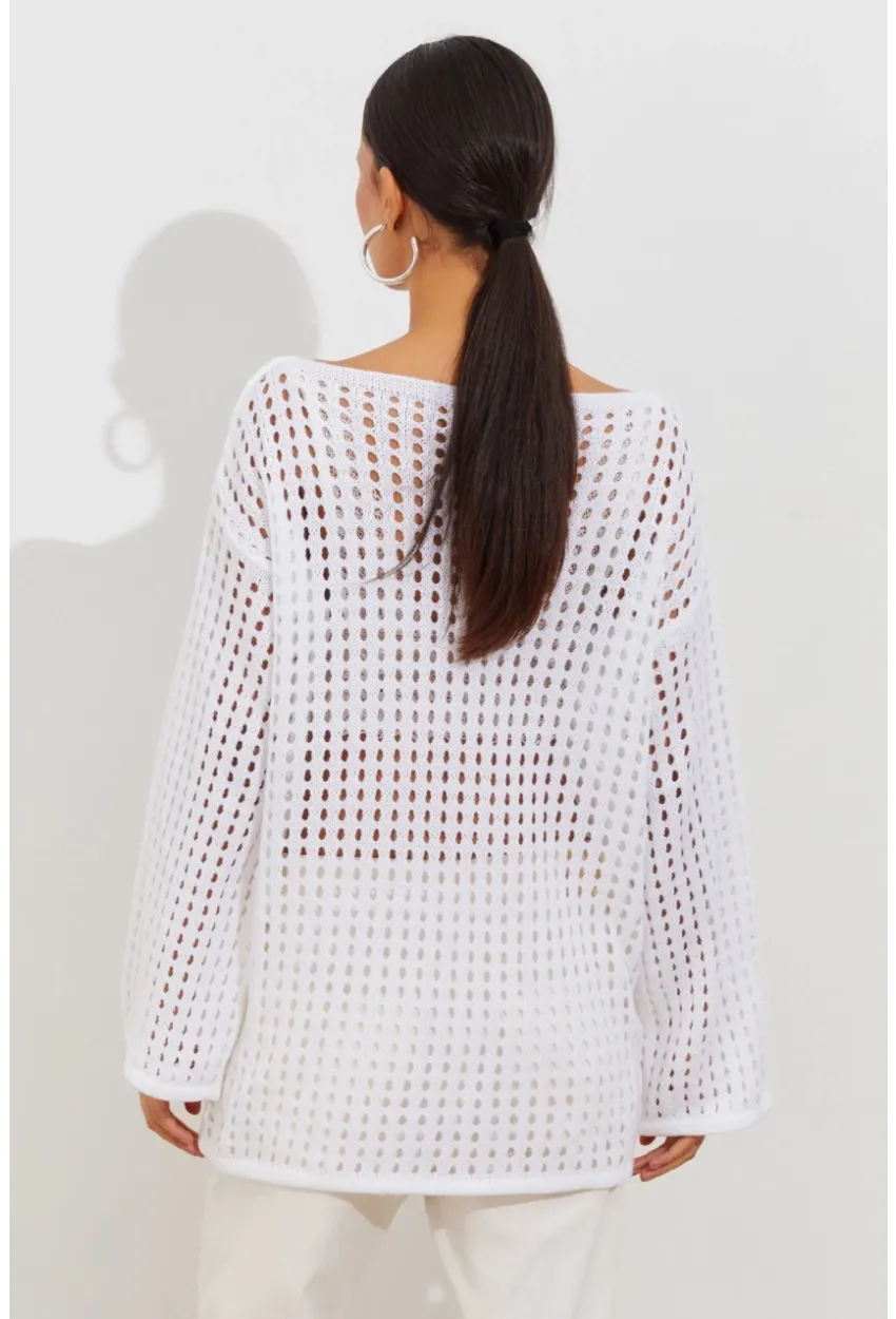 Kadın Beyaz İspanyol Kol Ajurlu Triko Uzun Bluz SMT198