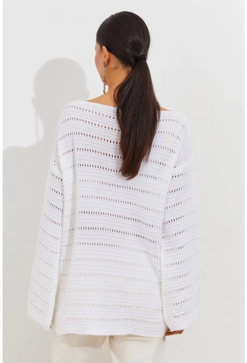 Kadın Beyaz İspanyol Kol Ajurlu Triko Uzun Bluz SMT199