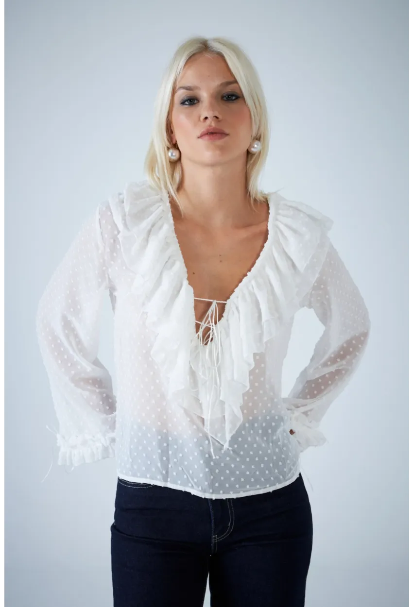 Kadın Beyaz Kendinden Desenli Fırfırlı Transparan Bluz FRO0058