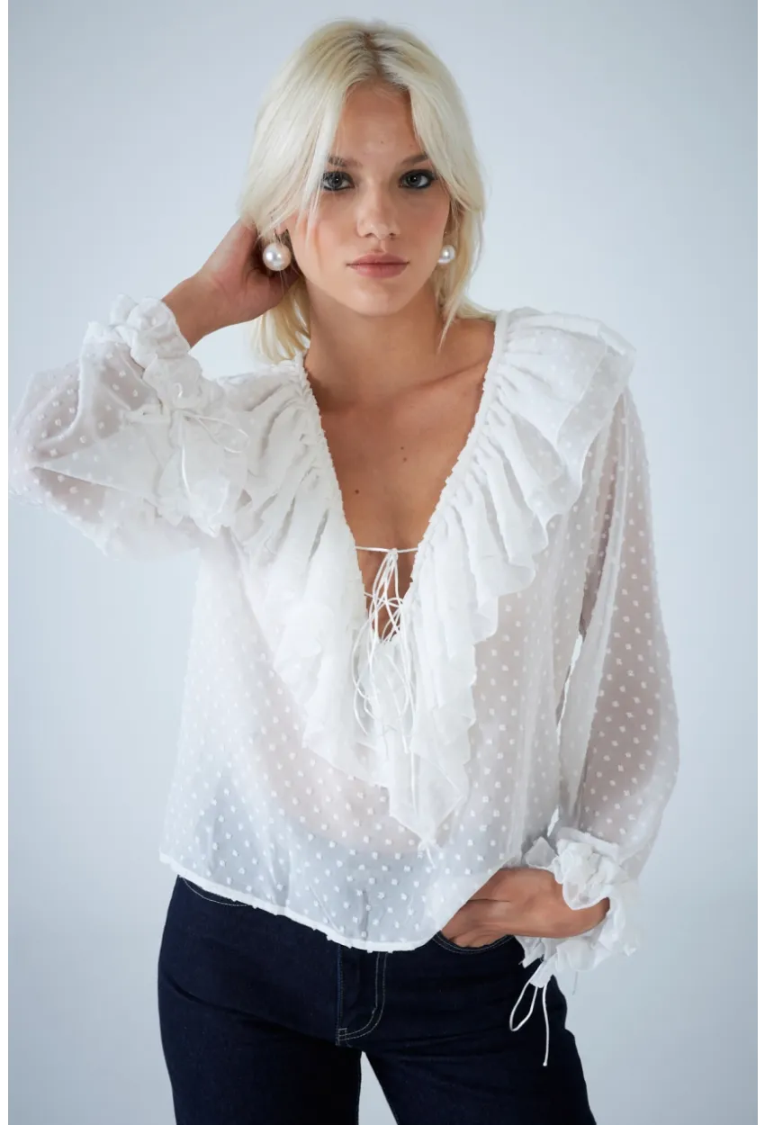 Kadın Beyaz Kendinden Desenli Fırfırlı Transparan Bluz FRO0058