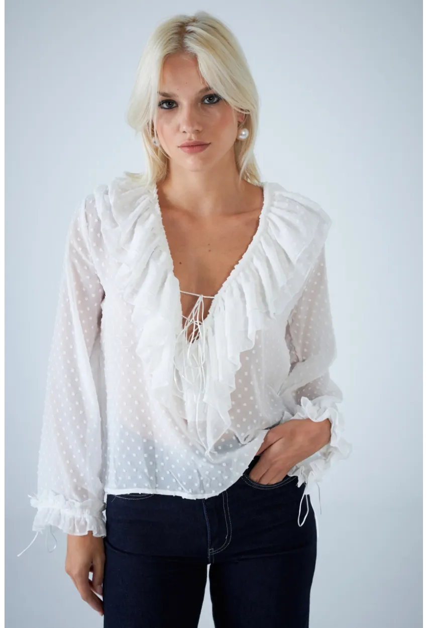 Kadın Beyaz Kendinden Desenli Fırfırlı Transparan Bluz FRO0058