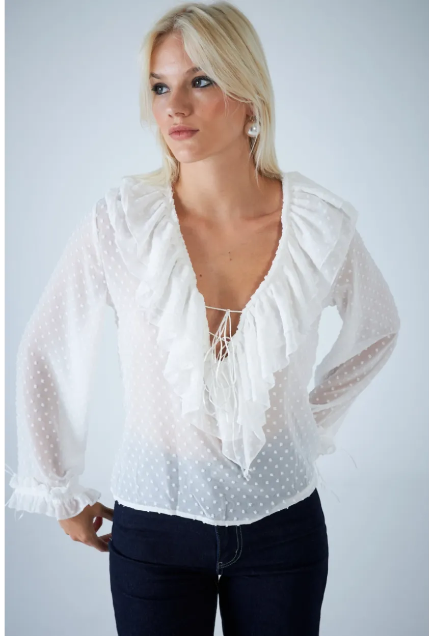 Kadın Beyaz Kendinden Desenli Fırfırlı Transparan Bluz FRO0058