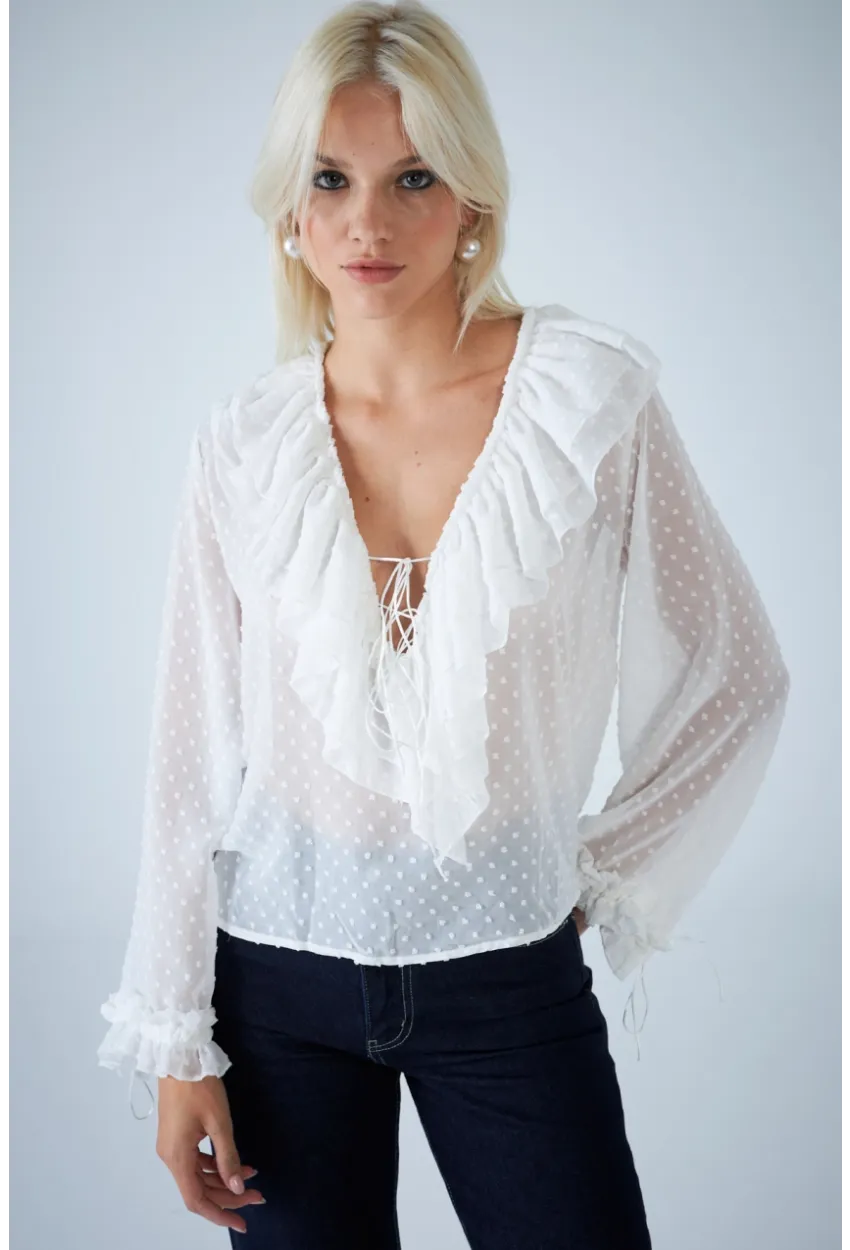 Kadın Beyaz Kendinden Desenli Fırfırlı Transparan Bluz FRO0058