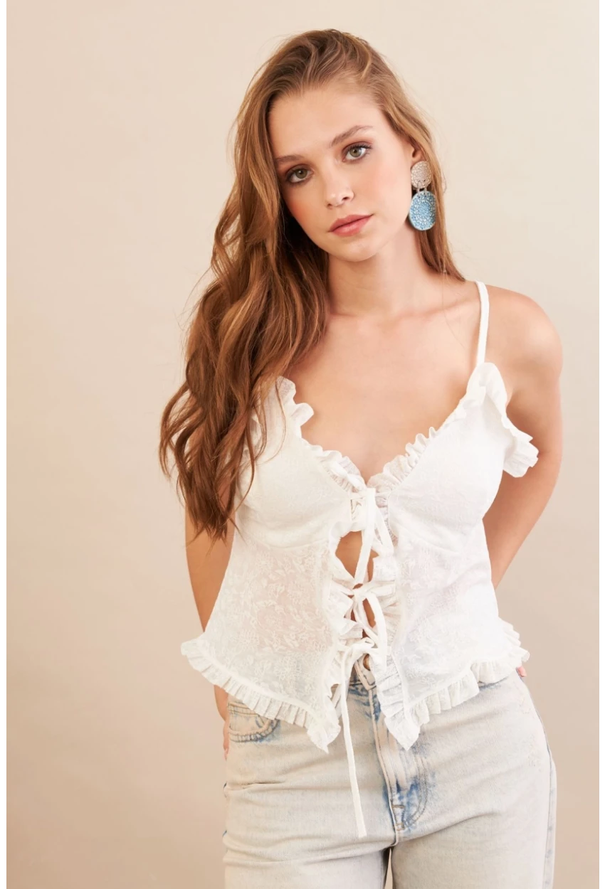 Kadın Beyaz Kendinden Desenli Tül Bluz KED7329