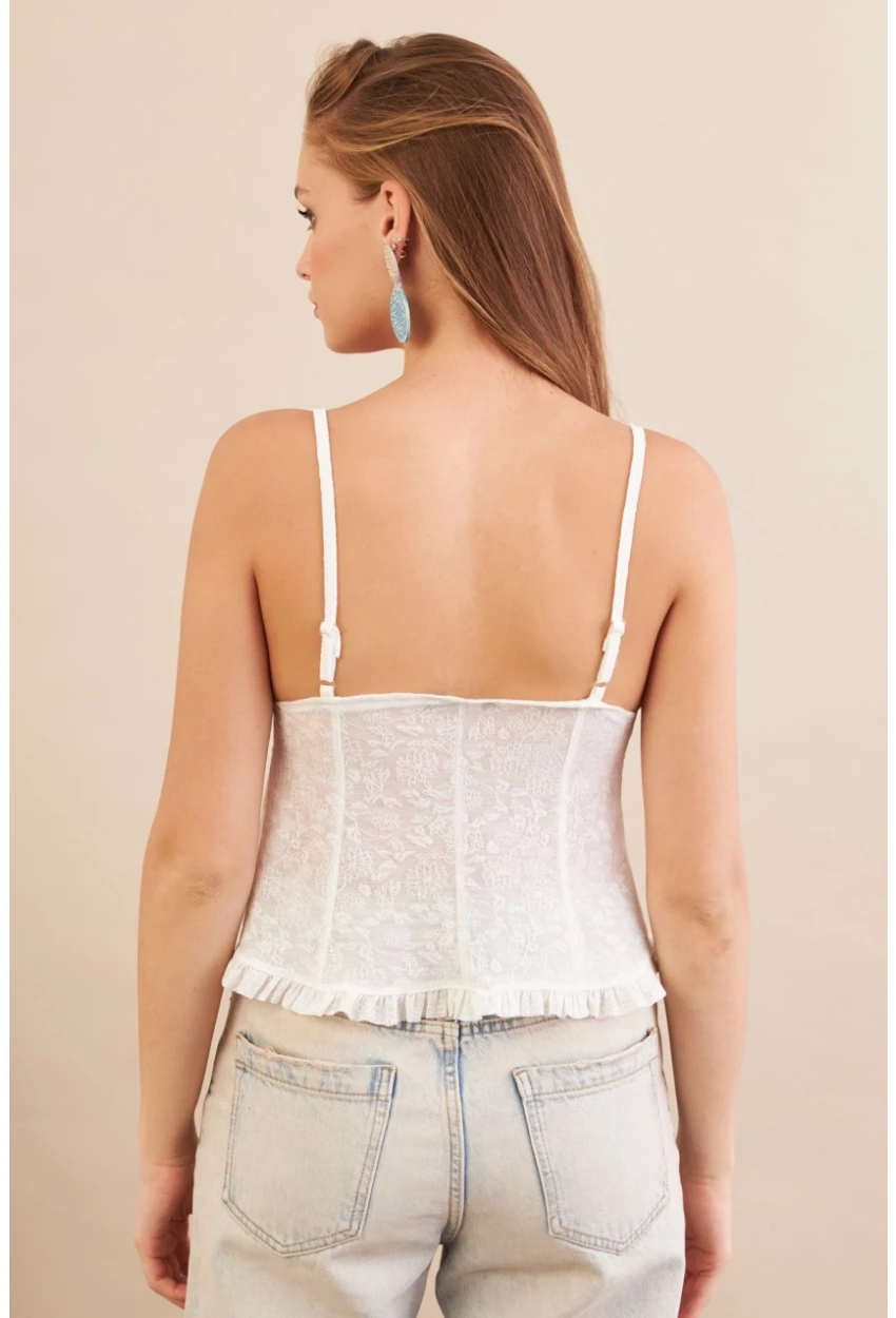 Kadın Beyaz Kendinden Desenli Tül Bluz KED7329