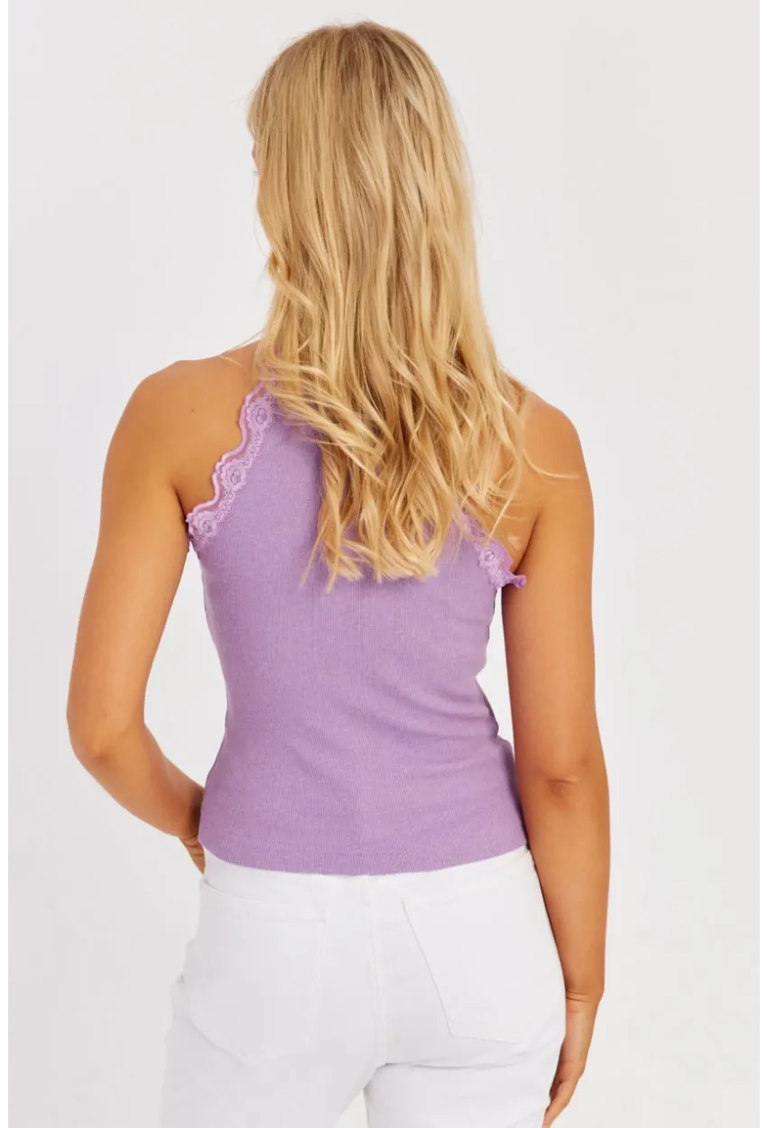 Kadın Beyaz-Lila Halter Yaka Dantelli Bluz MK08