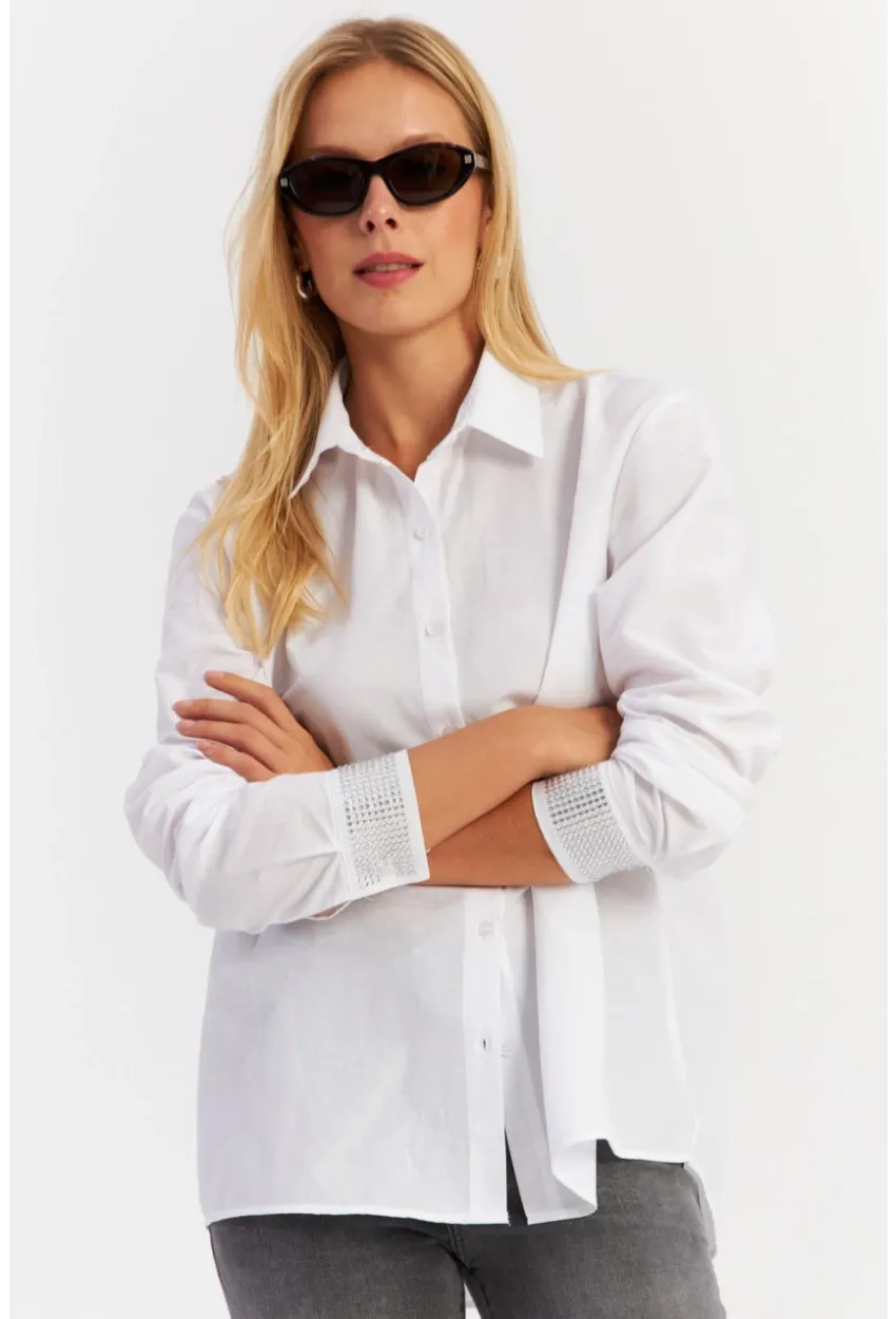 Kadın Beyaz Manşeti Taşlı Gömlek MZER415