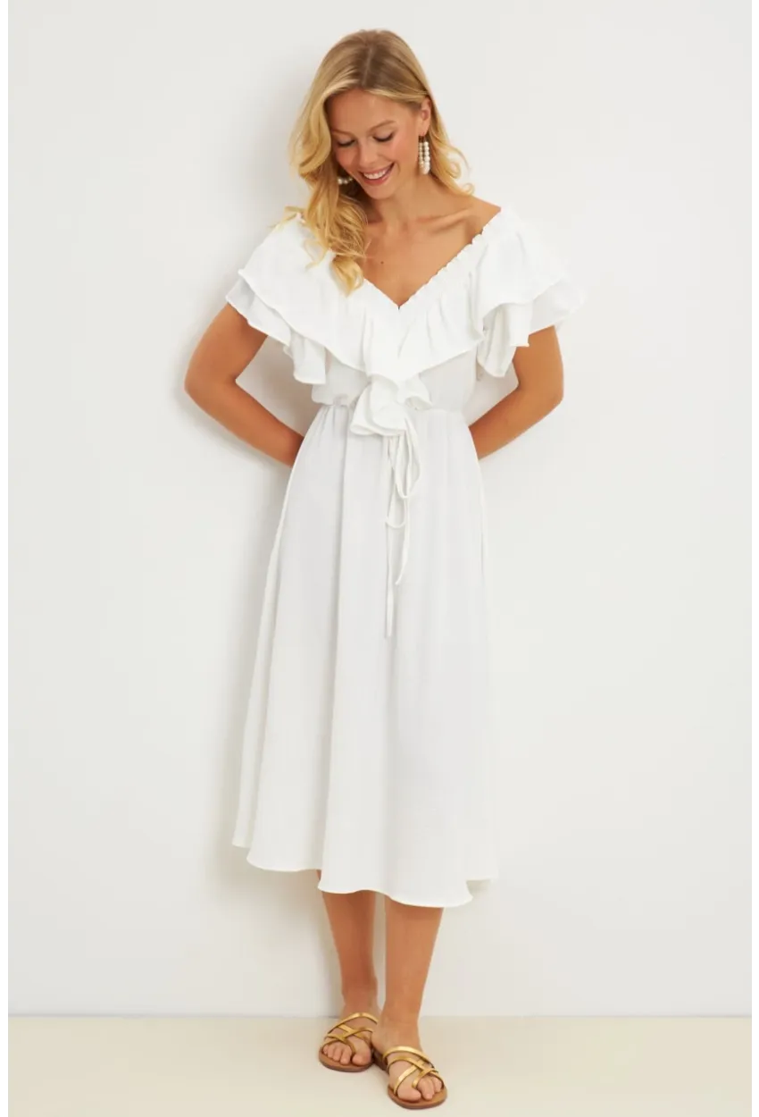 Kadın Beyaz Ön Arka V Volanlı Elbise KS113